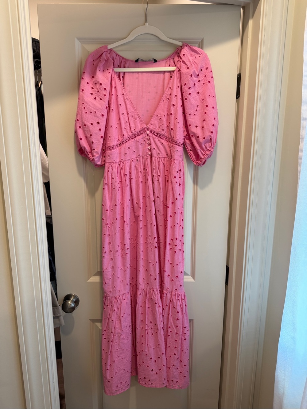 Zara Pink Eyelet Maxi Dress with Puff Sleeves